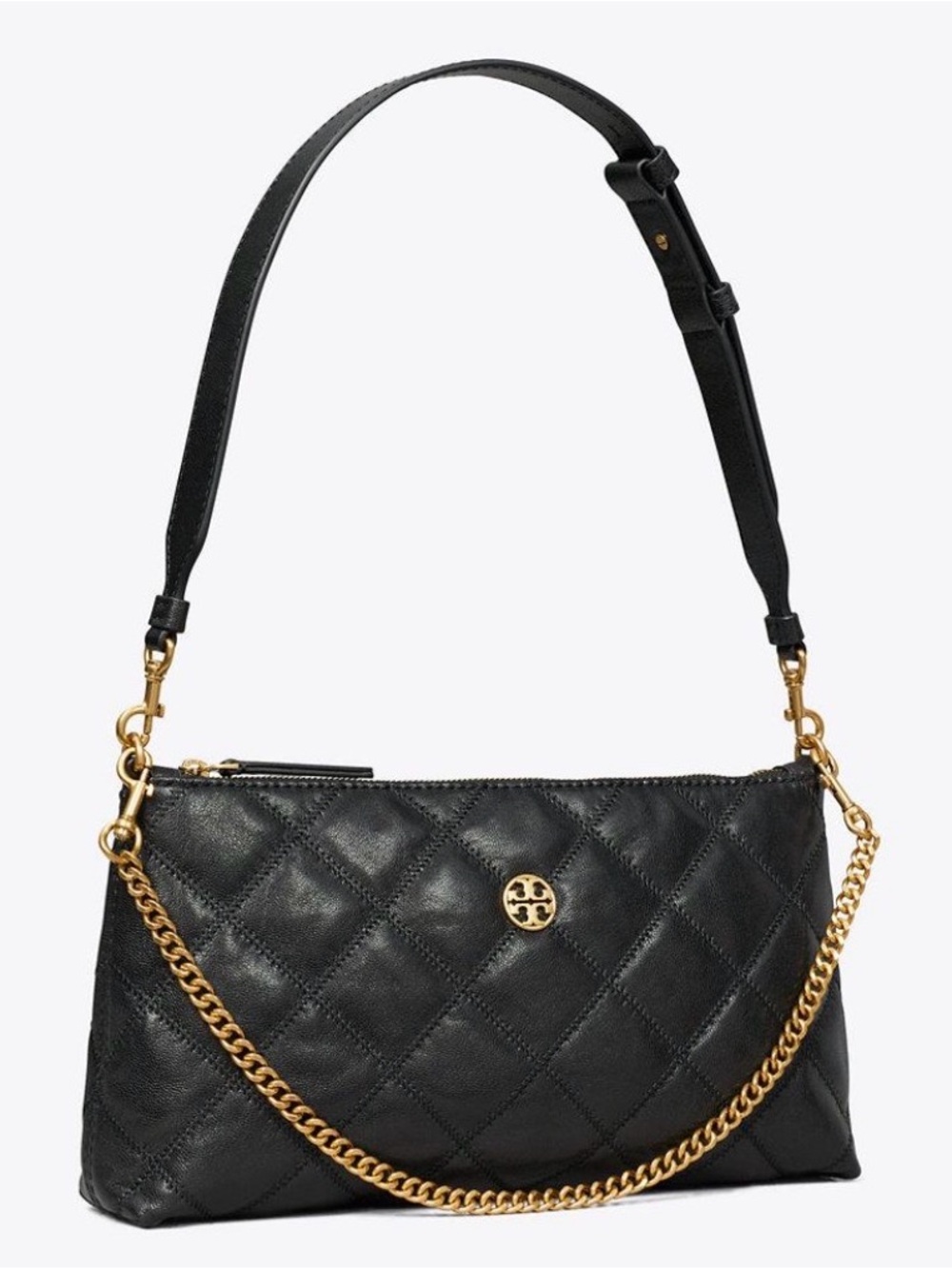 Tory Burch Black Quilted Leather Shoulder Bag with Gold Chain